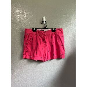 British khaki flat front chino bright pink shorts with navy anchors - 4